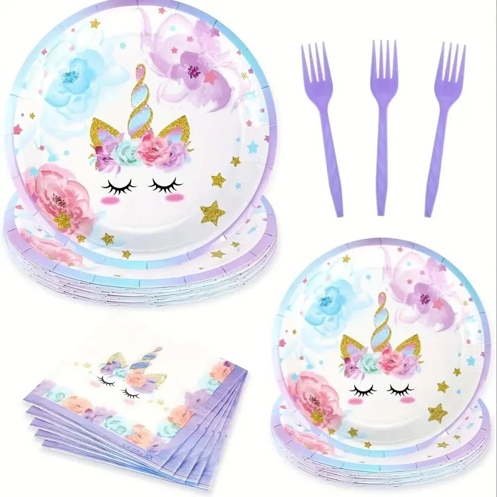 96Pcs Lovely Party Disposable Tableware Set Table Birthday Home Scene Party Atmosphere Props Festive Party Decoration Supplies
