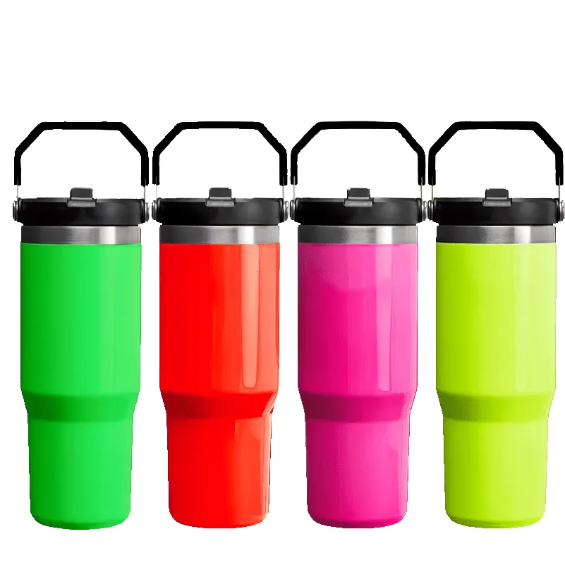 Neon Tumbler with Flip up Straw  30 oz Pink, Red, Yellow, Green
