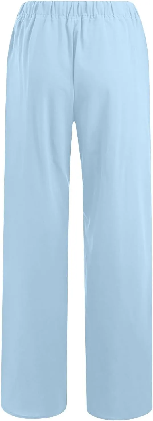 Wide Leg Pants for Women Summer Lightweight Cotton Linen Beach Trousers Lightweight Flowy Palazzo Pants with Pockets