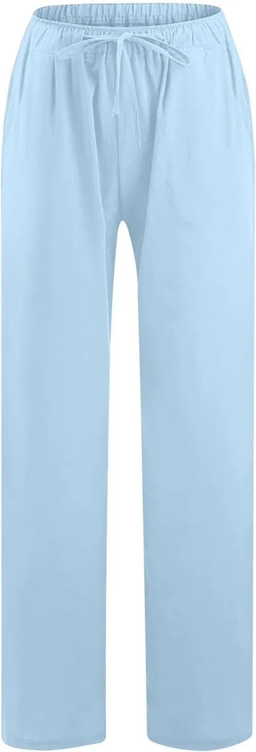 Wide Leg Pants for Women Summer Lightweight Cotton Linen Beach Trousers Lightweight Flowy Palazzo Pants with Pockets