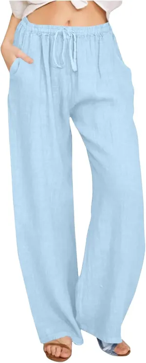 Wide Leg Pants for Women Summer Lightweight Cotton Linen Beach Trousers Lightweight Flowy Palazzo Pants with Pockets