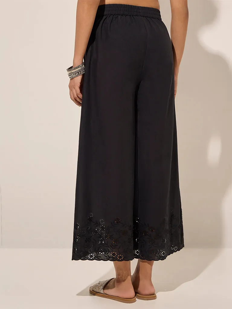 Zuba Black Cut-Out Detailed Cotton Palazzos