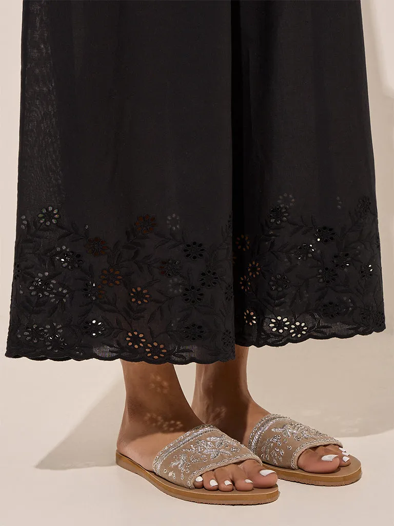 Zuba Black Cut-Out Detailed Cotton Palazzos